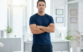 Confident athletic man in modern medical consultation room considering male pubic lipo procedure