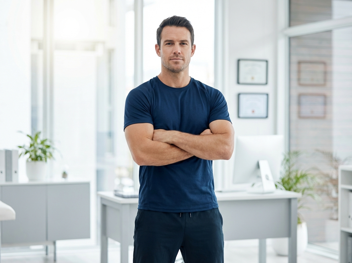 Confident athletic man in modern medical consultation room considering male pubic lipo procedure