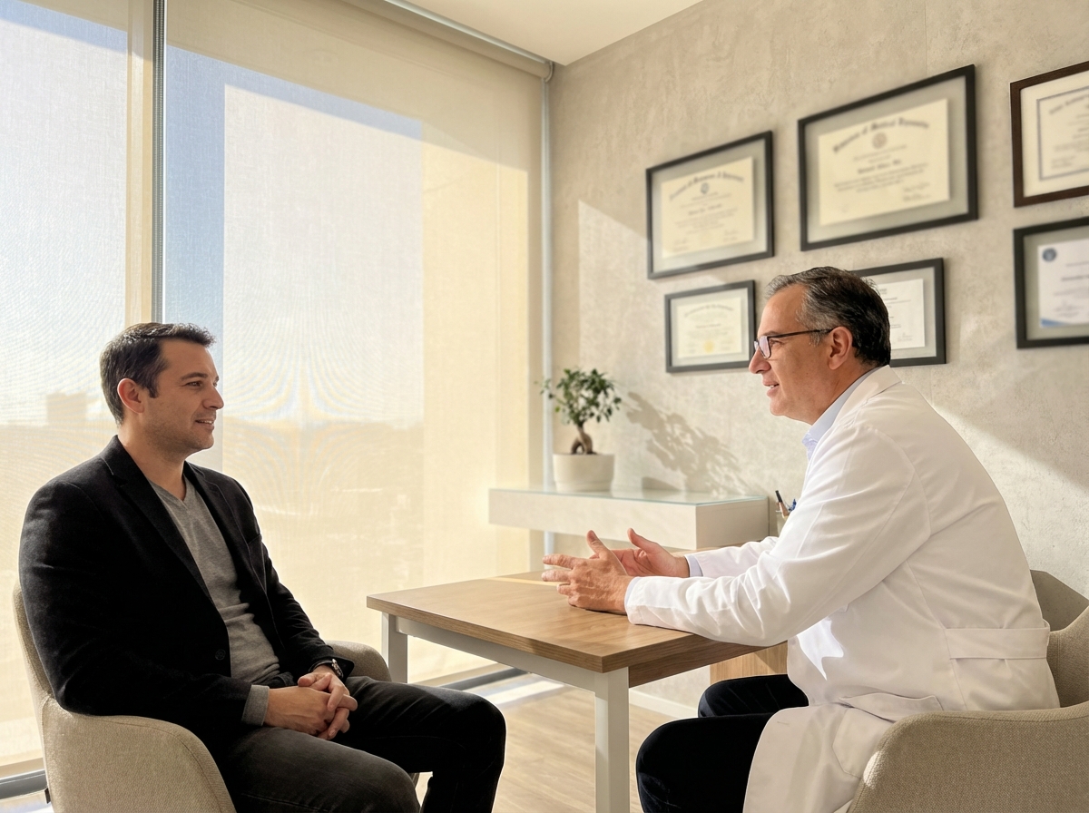 Professional medical consultation for PhalloFill results discussion in modern clinic setting