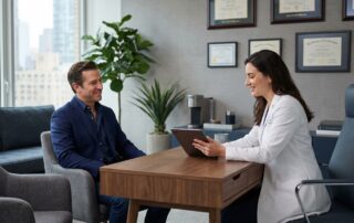 Male patient consulting with doctor about liposuction pubic area male procedure in modern NYC medical office