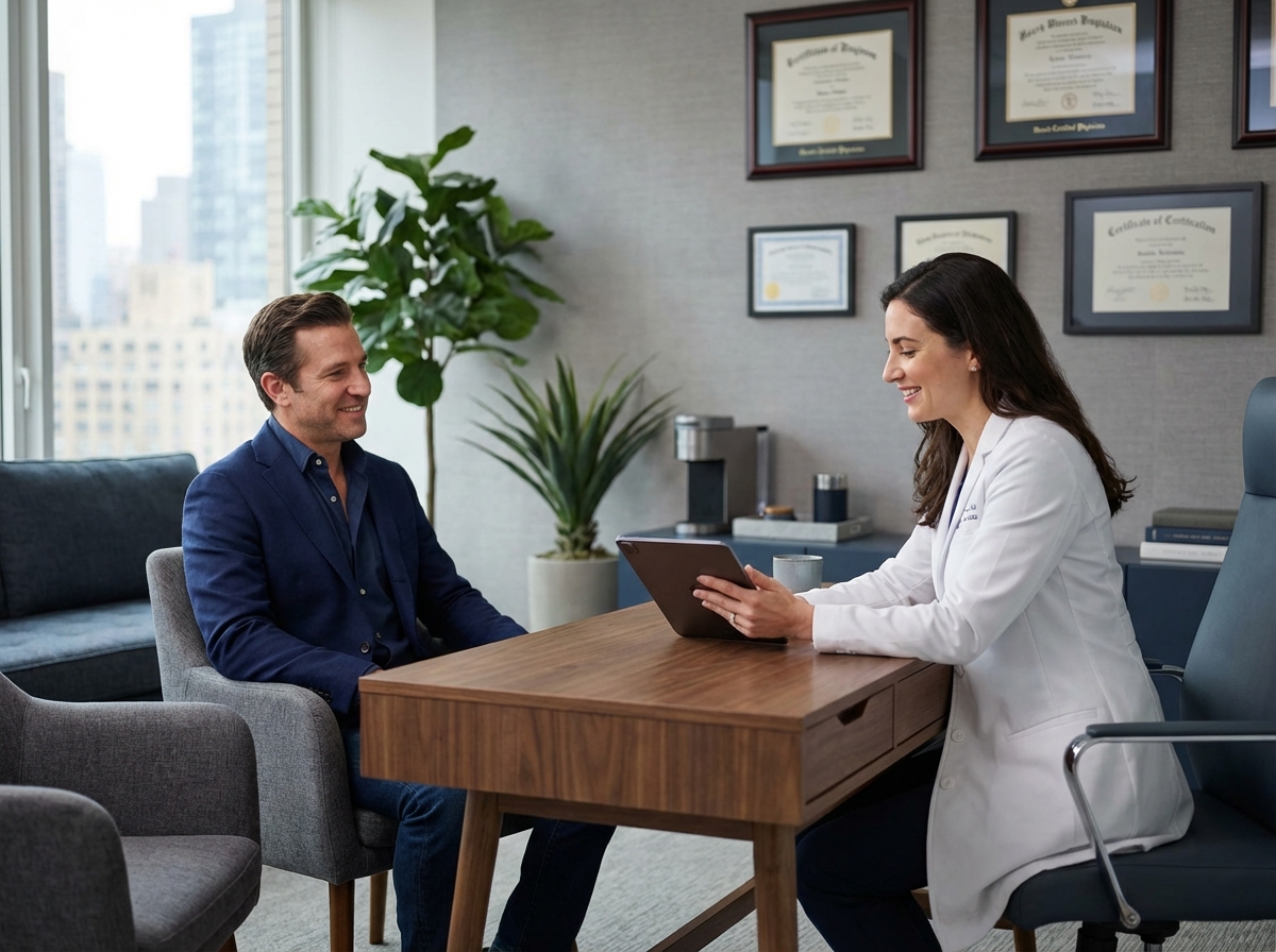 Male patient consulting with doctor about liposuction pubic area male procedure in modern NYC medical office