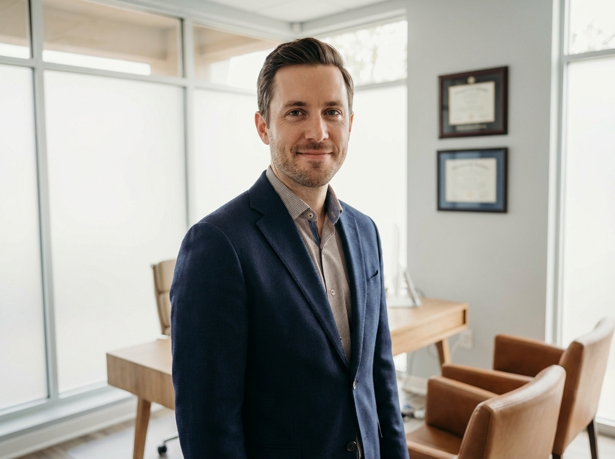 Confident man in modern medical consultation room representing himplant before and after patient outcomes