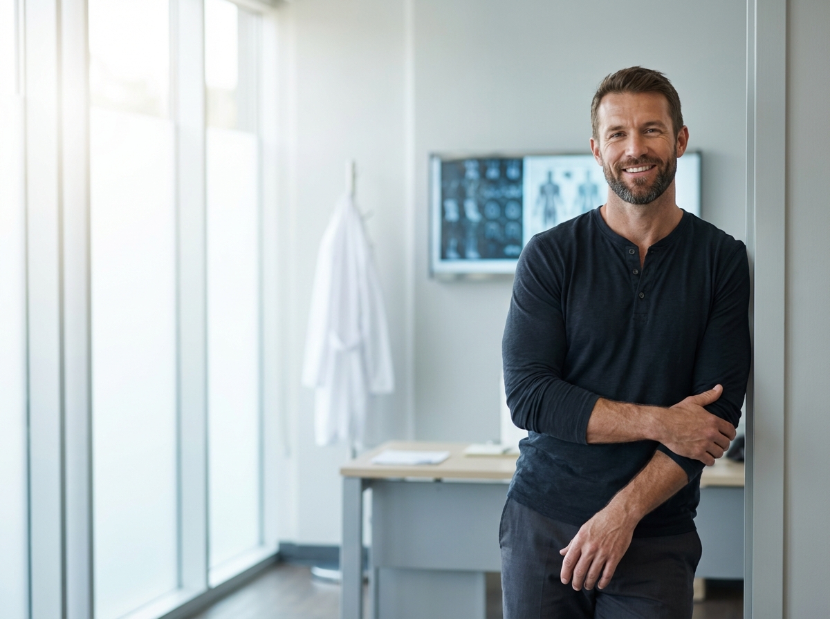 Confident man in modern medical office discussing men's health and wellness options