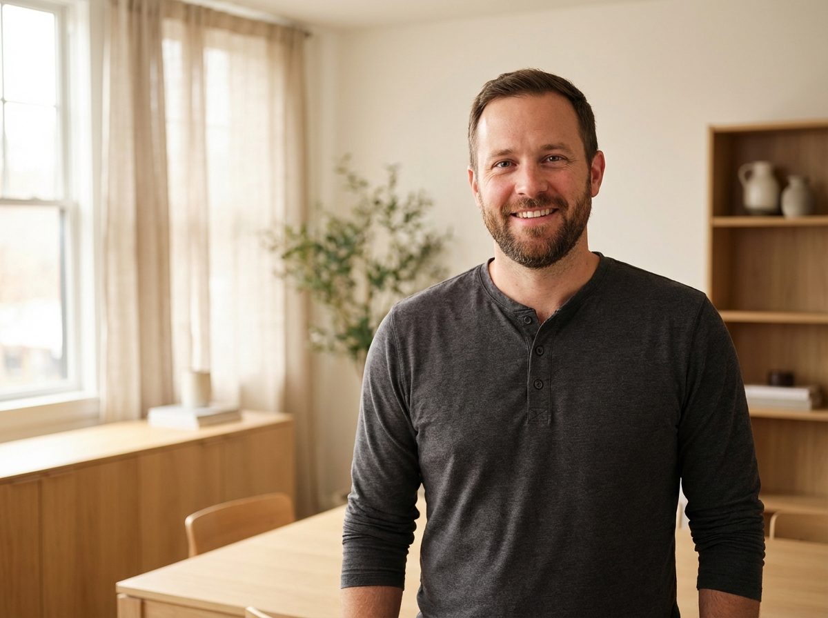 Confident man representing normal size men seeking body confidence solutions in modern wellness setting