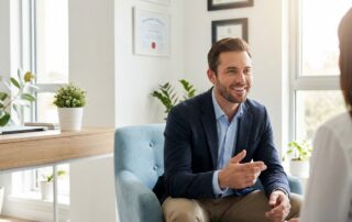 Confident male patient in modern medical consultation room discussing enhancement procedures