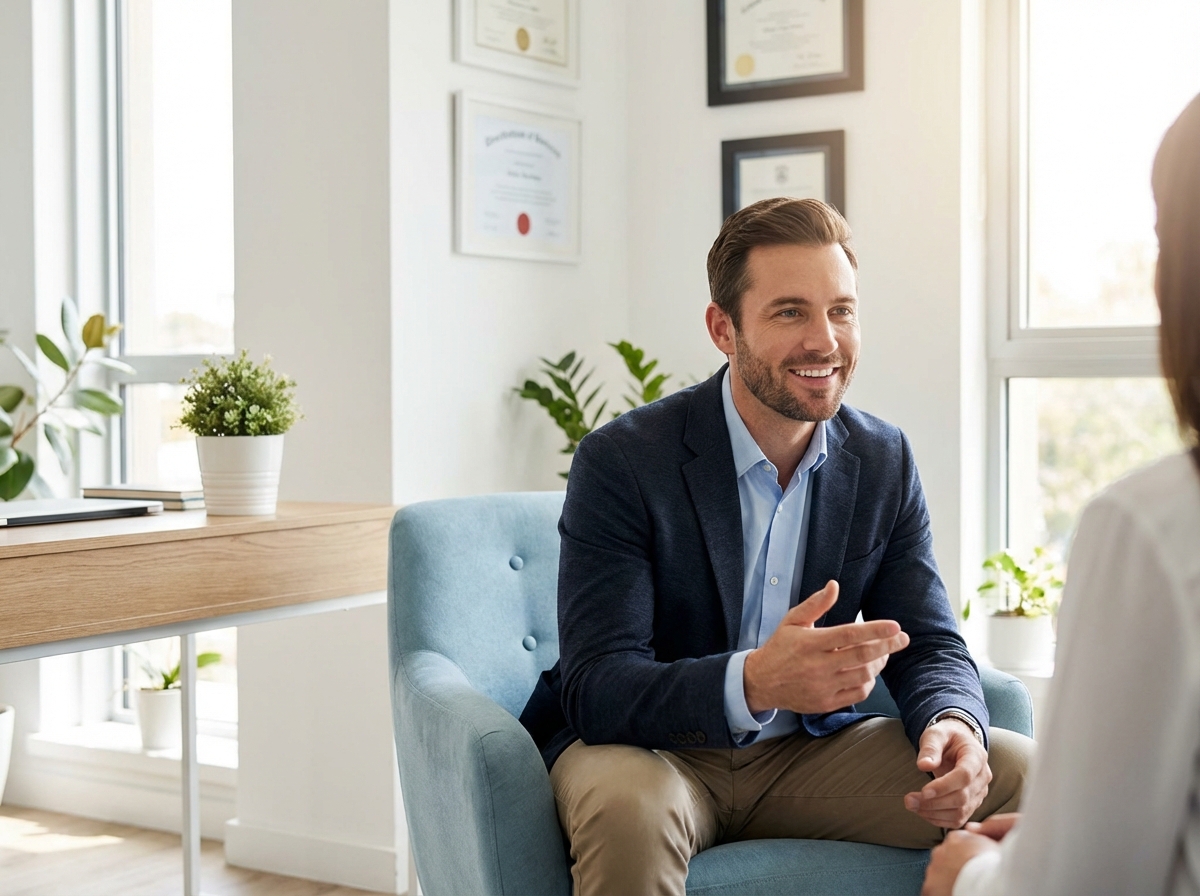 Confident male patient in modern medical consultation room discussing enhancement procedures