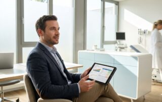 Man consulting with doctor about male genital aesthetic surgery alternatives in modern medical office