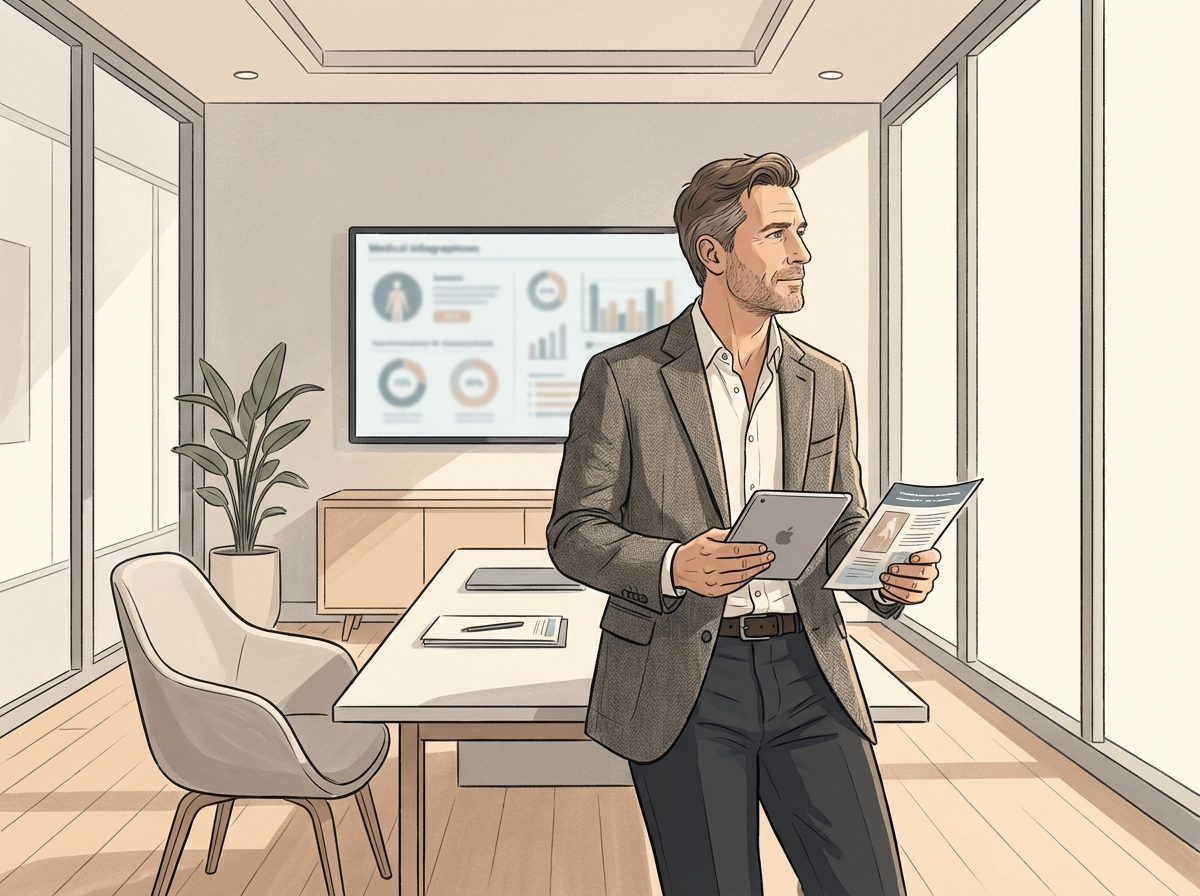 Confident man reviewing evidence-based options for male enhancement without surgery in a modern medical office