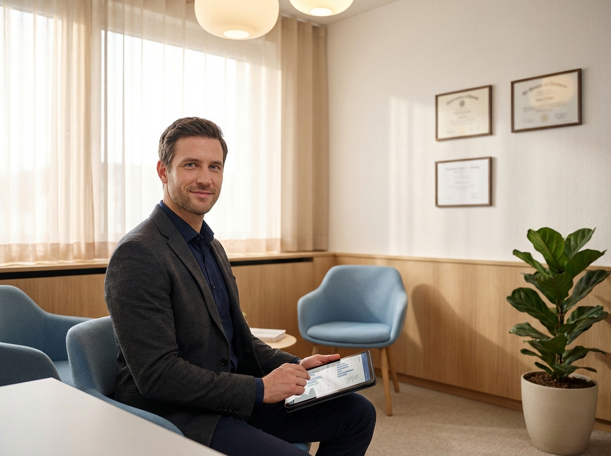 Man reviewing medical information in professional consultation room regarding pines enlargement pills
