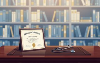 Medical credentials and stethoscope on a desk, representing what board certified doctor qualifications mean for patients.