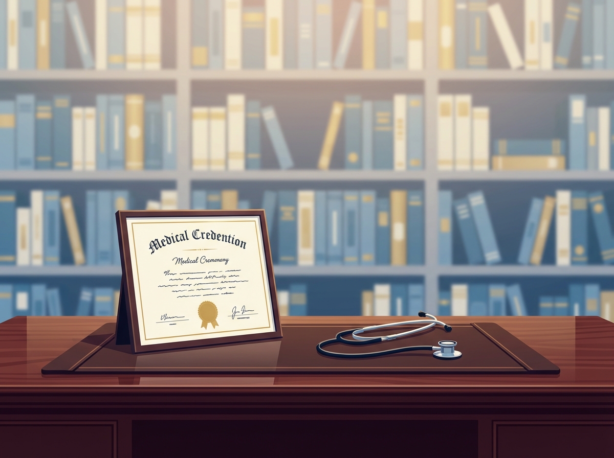 Medical credentials and stethoscope on a desk, representing what board certified doctor qualifications mean for patients.