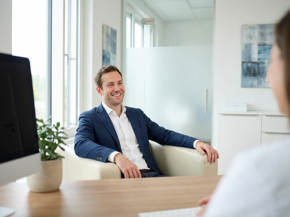 Confident man in professional medical consultation room discussing best size of panis concerns