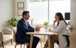 Man consulting with doctor about penile lengthening options in modern medical office