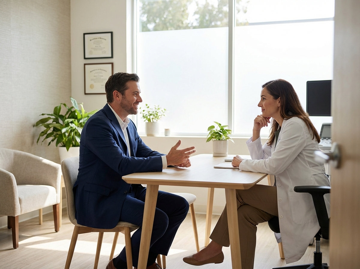 Man consulting with doctor about penile lengthening options in modern medical office