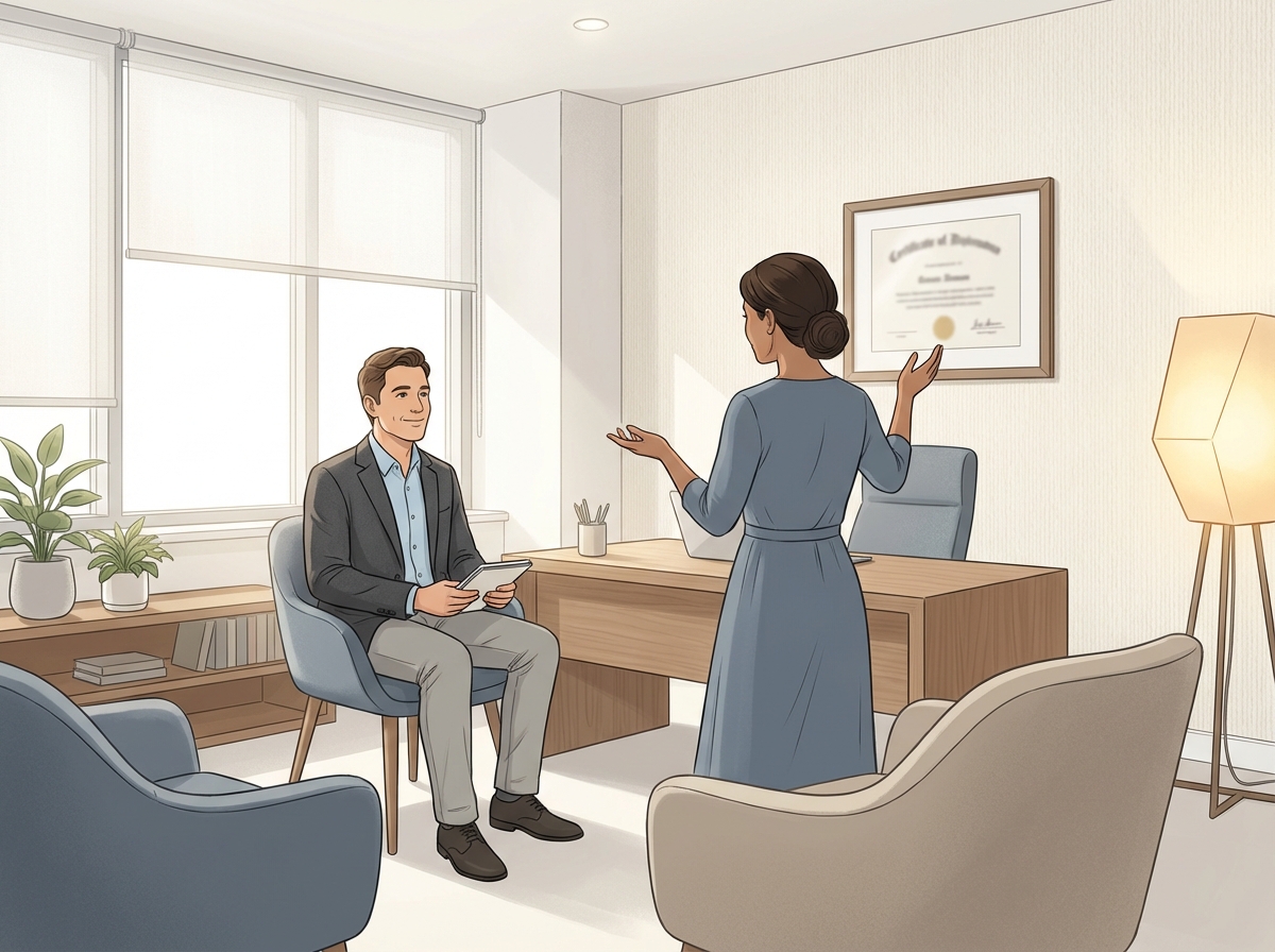 Man in a professional medical consultation office, representing the penis enlargement consultation process at a trusted clinic.