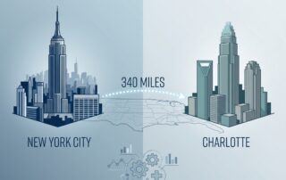 NYC and Charlotte cityscapes connected by 340-mile distance line for Loria Medical Charlotte comparison