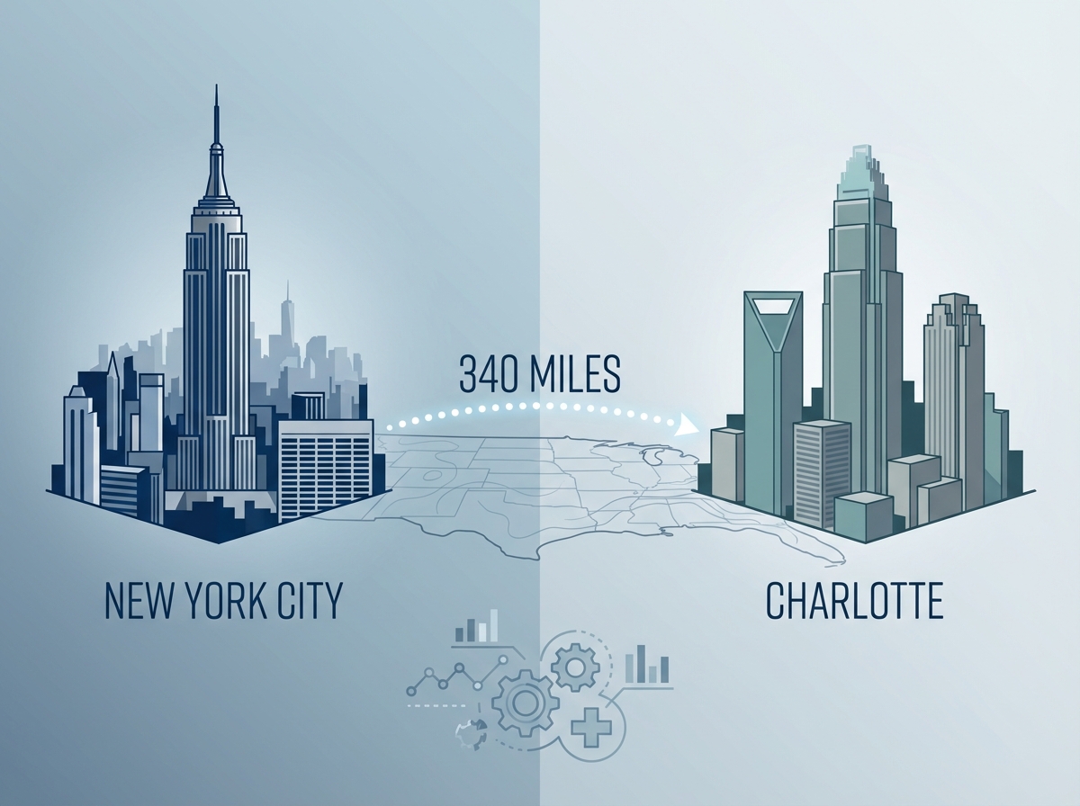 NYC and Charlotte cityscapes connected by 340-mile distance line for Loria Medical Charlotte comparison