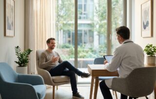 Male patient in comfortable medical consultation discussing average penile length concerns with physician