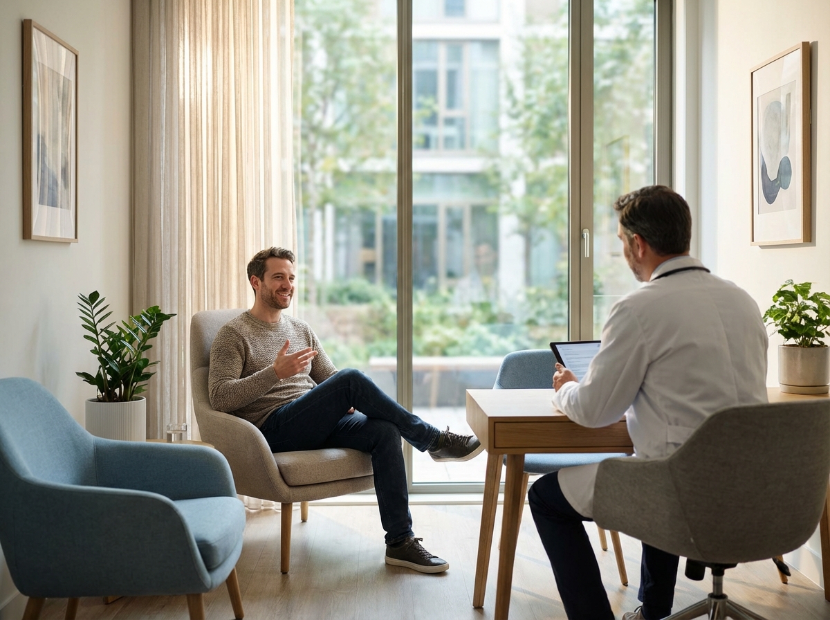 Male patient in comfortable medical consultation discussing average penile length concerns with physician