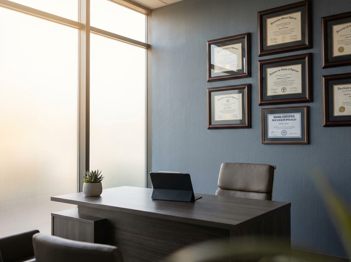 Professional medical consultation room highlighting board certifications and clinical expertise