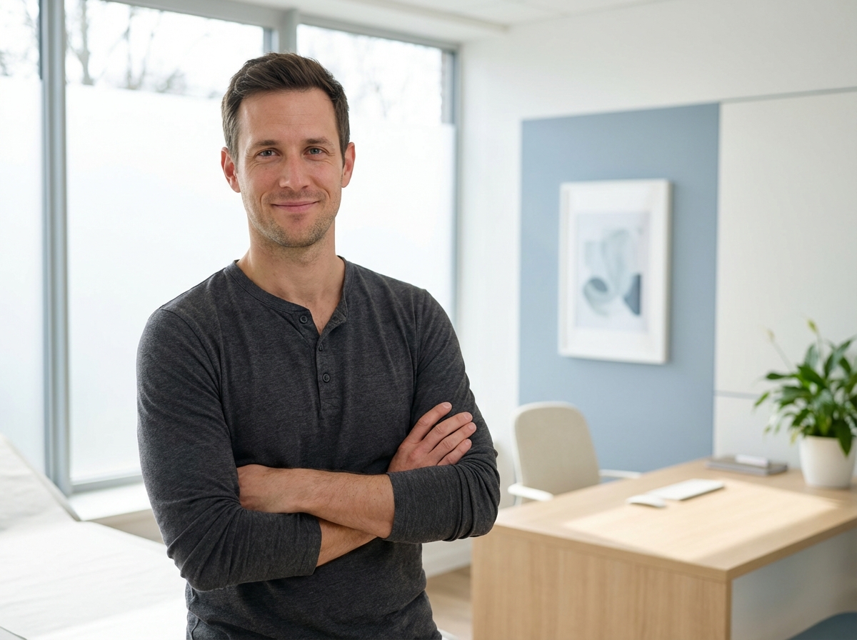 Confident man in professional medical consultation setting representing body confidence and wellness