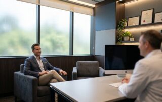 Confident man in modern medical consultation room discussing staged penile enhancement treatment options