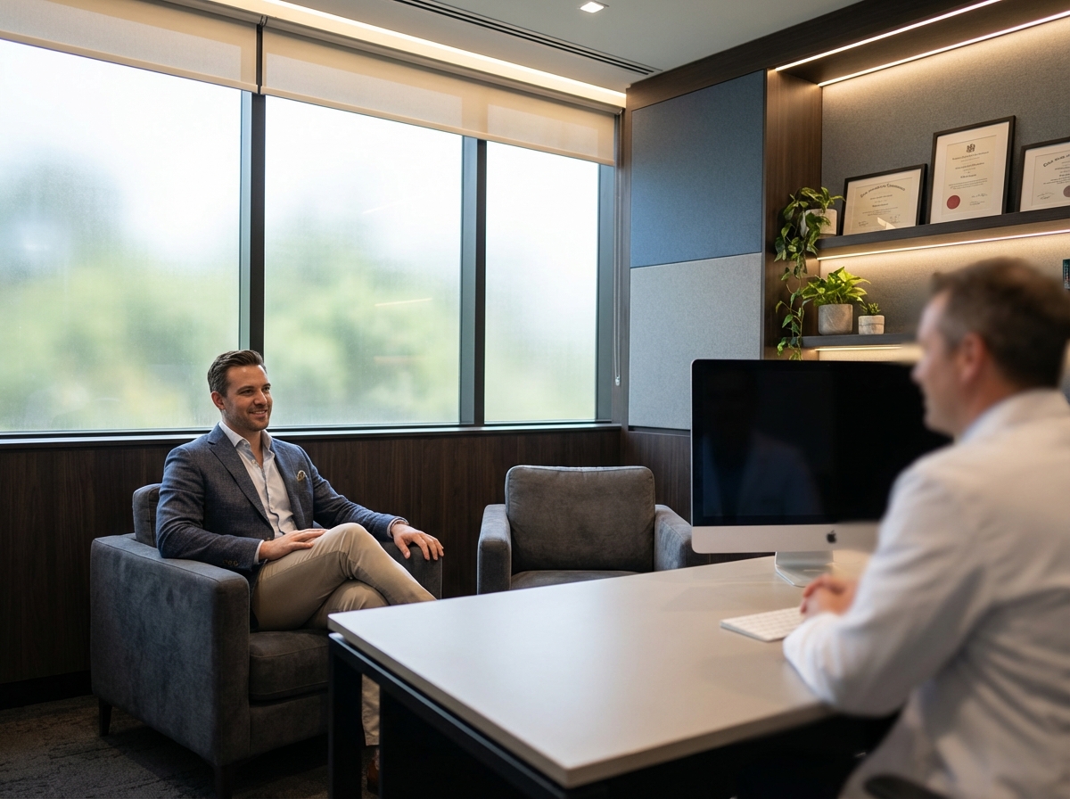 Confident man in modern medical consultation room discussing staged penile enhancement treatment options