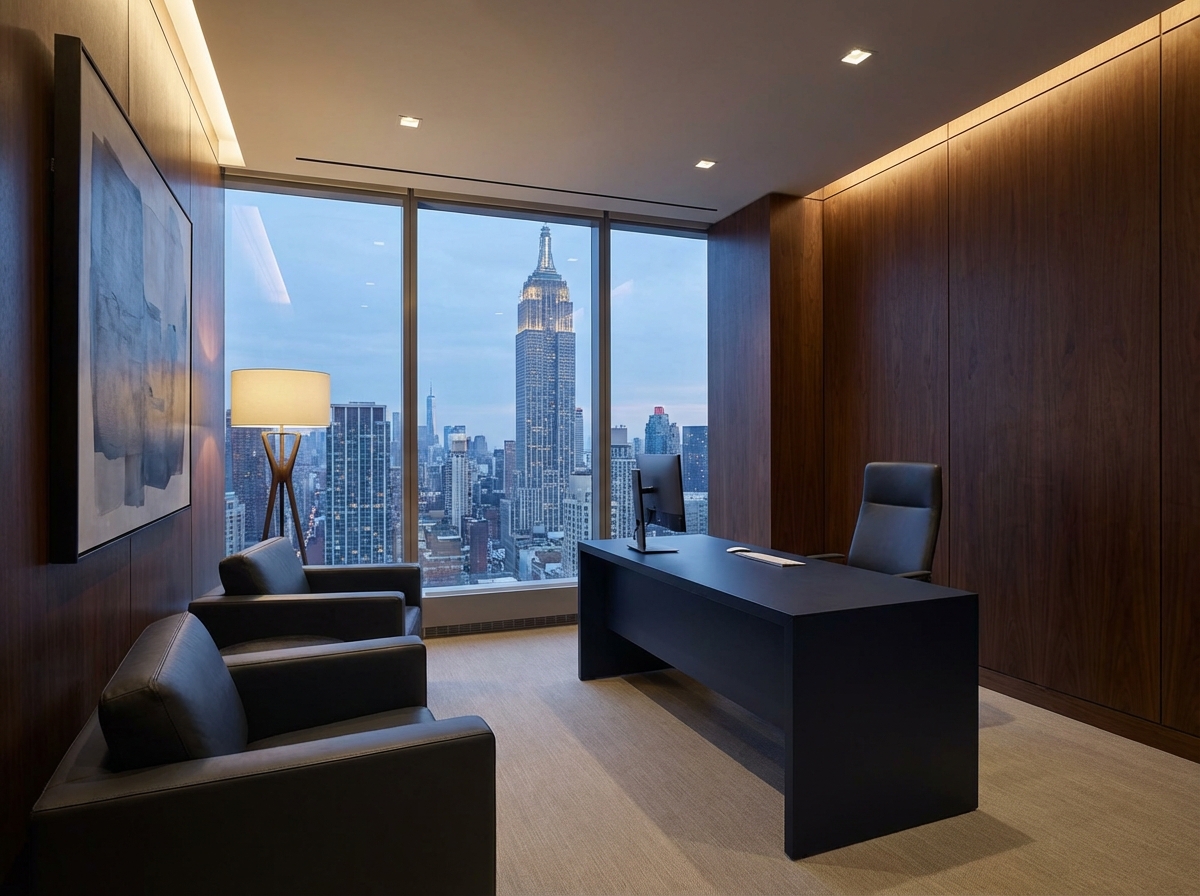 Luxury private consultation room for male enhancement procedures in NYC with Manhattan skyline view
