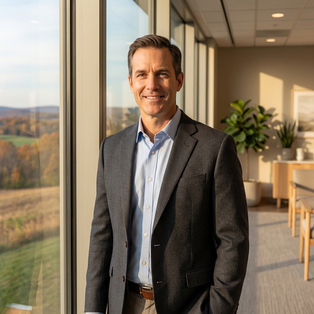 Confident man at Pennsylvania wellness center window — penis girth enhancement Pennsylvania at Chadds Ford