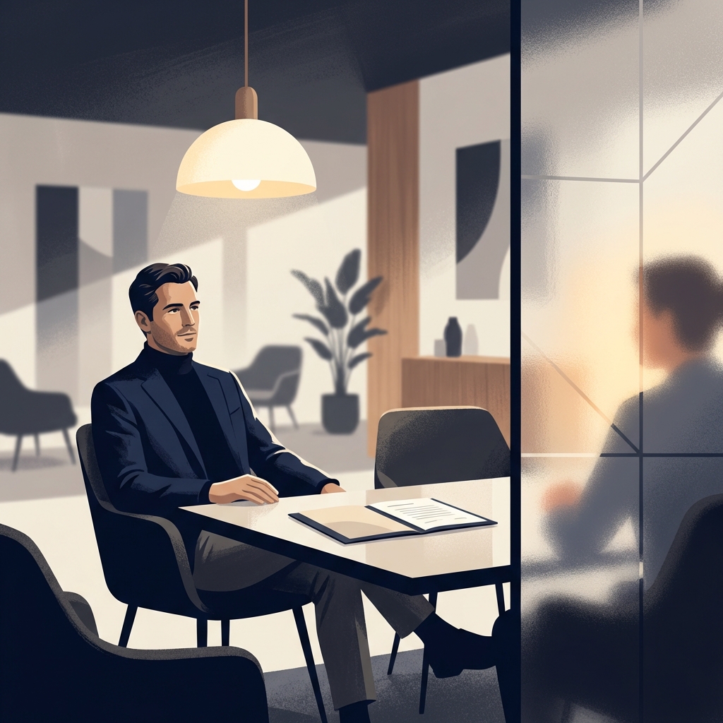 Man in private medical consultation, representing penile enhancement patient confidentiality and HIPAA protection rights.