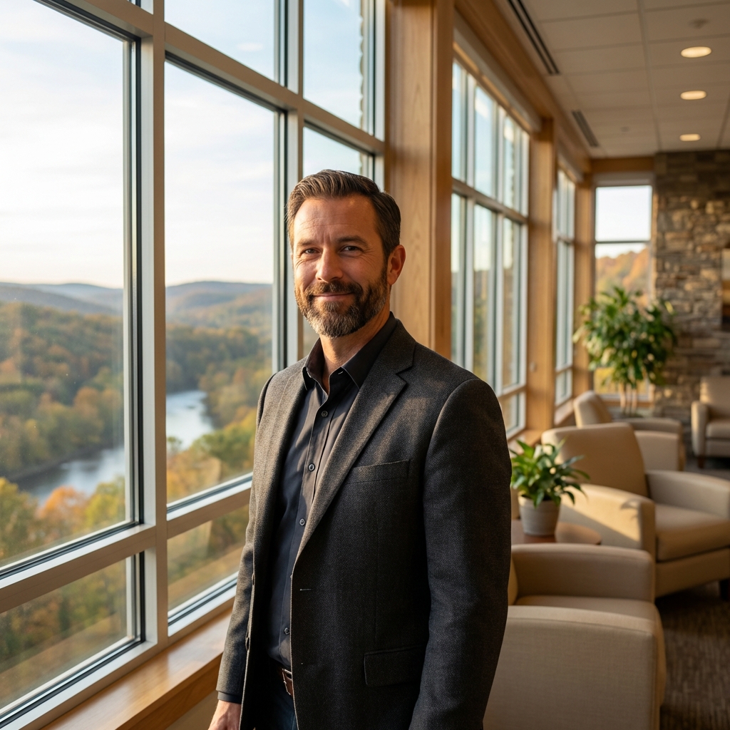 Confident man at Pennsylvania wellness center window — penis girth enhancement Pennsylvania at Chadds Ford