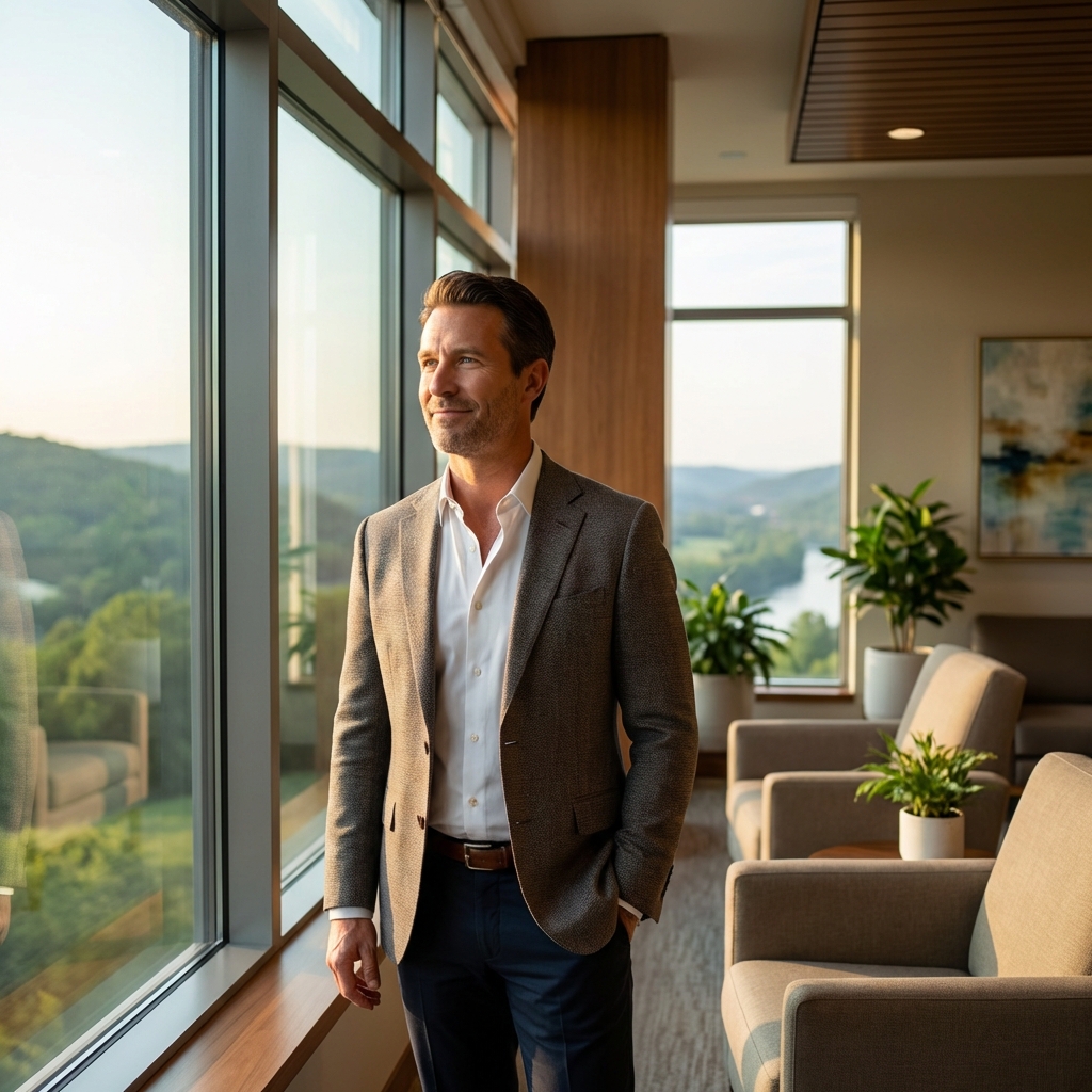 Confident man at Pennsylvania wellness center window — penis girth enhancement Pennsylvania at Chadds Ford