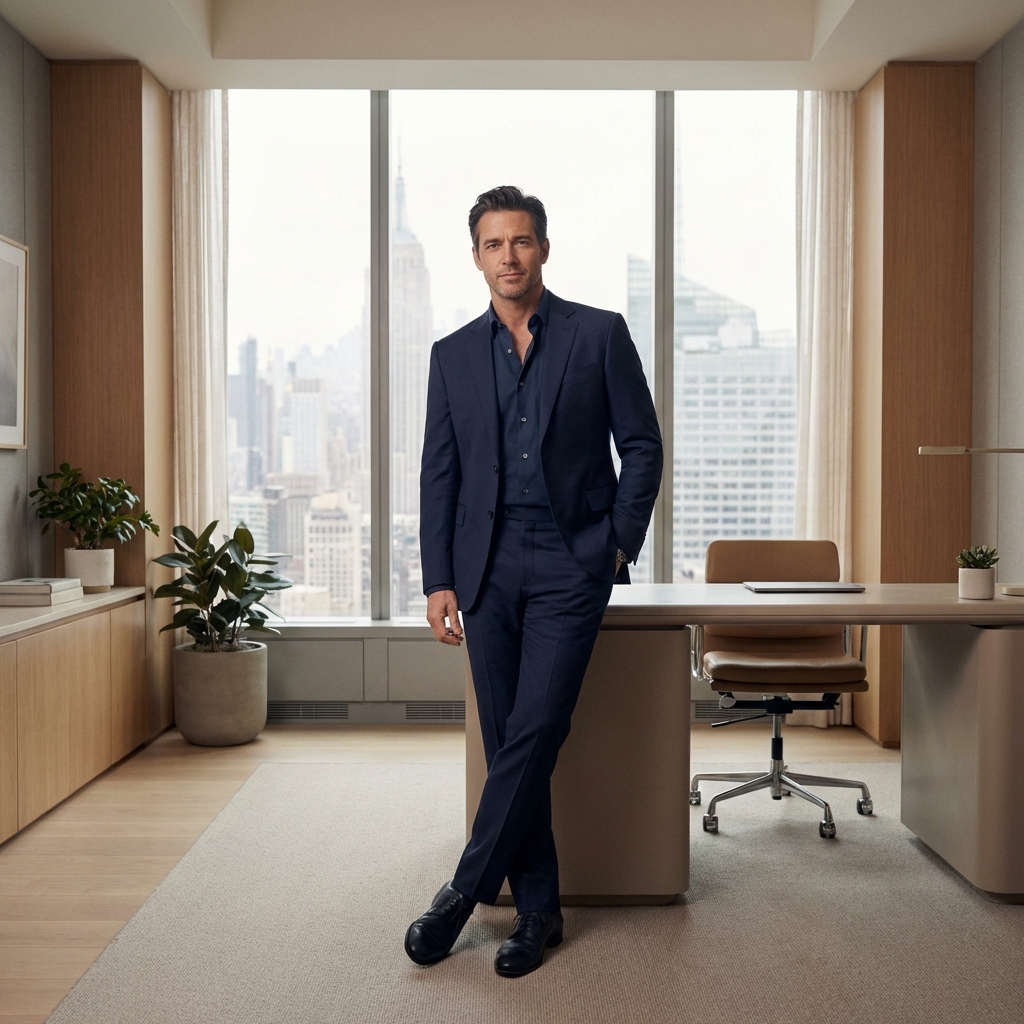 Confident man in modern clinic setting representing male genital cosmetic procedures and men's aesthetic healthcare