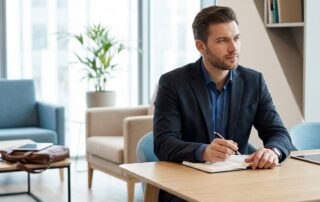 Confident man preparing notes to articulate his male genital aesthetic goals before a consultation