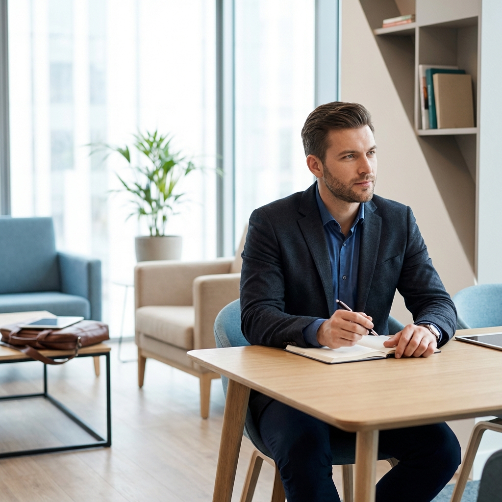 Confident man preparing notes to articulate his male genital aesthetic goals before a consultation