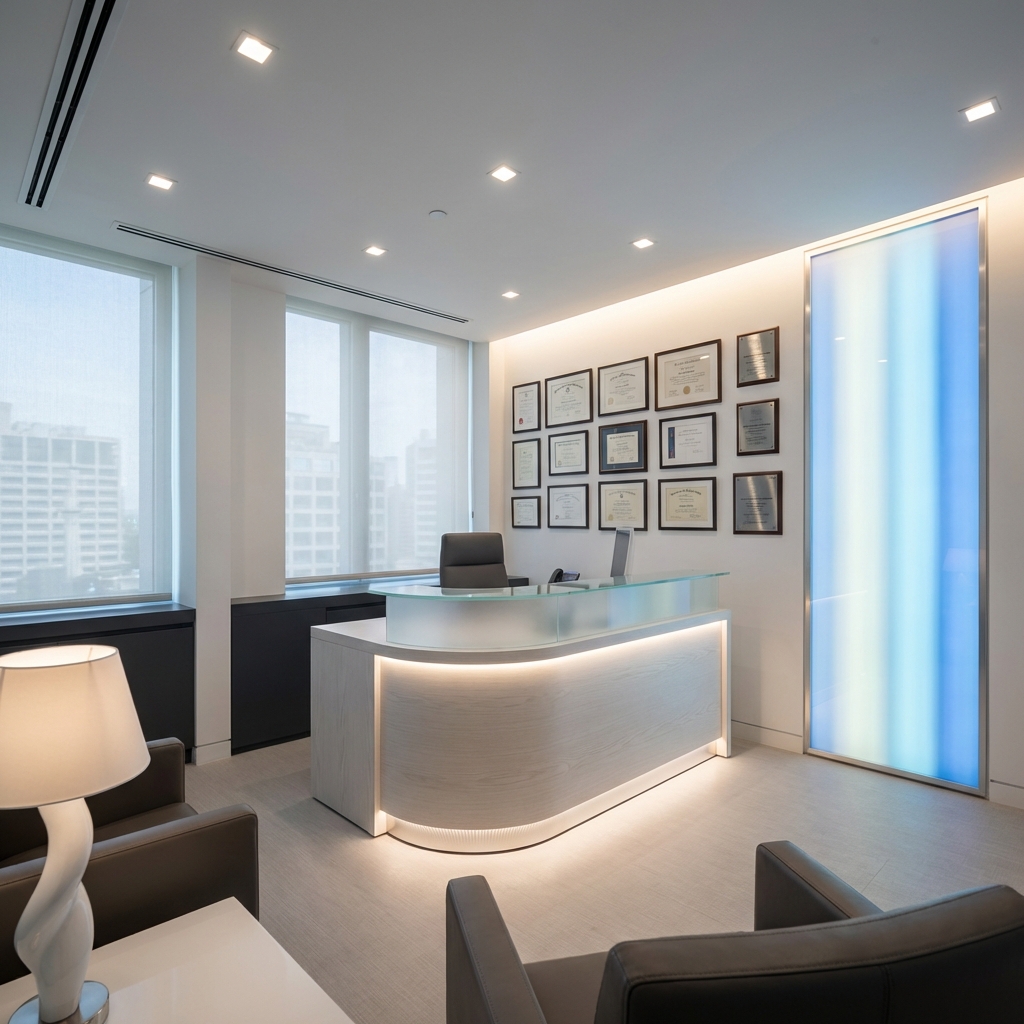 Modern medical consultation office representing hospital-grade penile enhancement safety protocols and clinical standards.