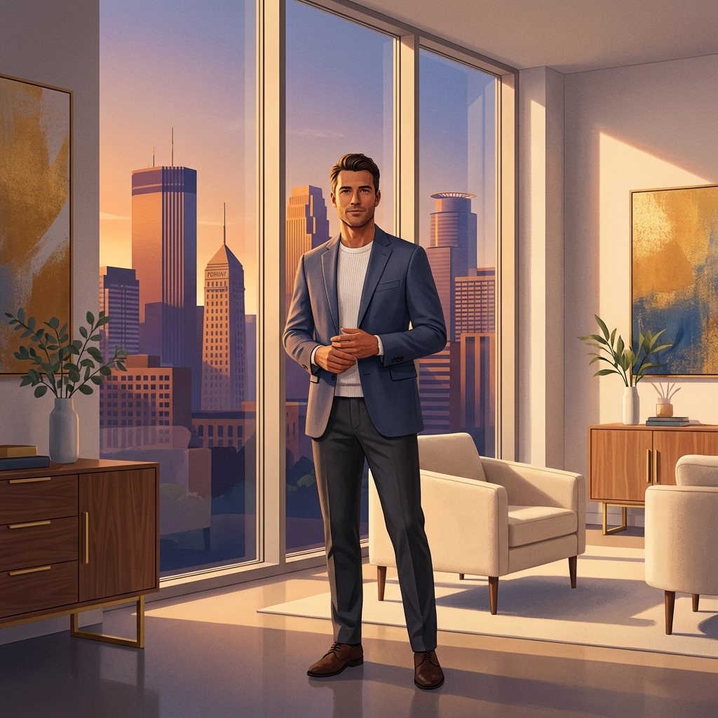 Confident man overlooking Minneapolis skyline, representing accessible penis enlargement Minnesota services in Eagan