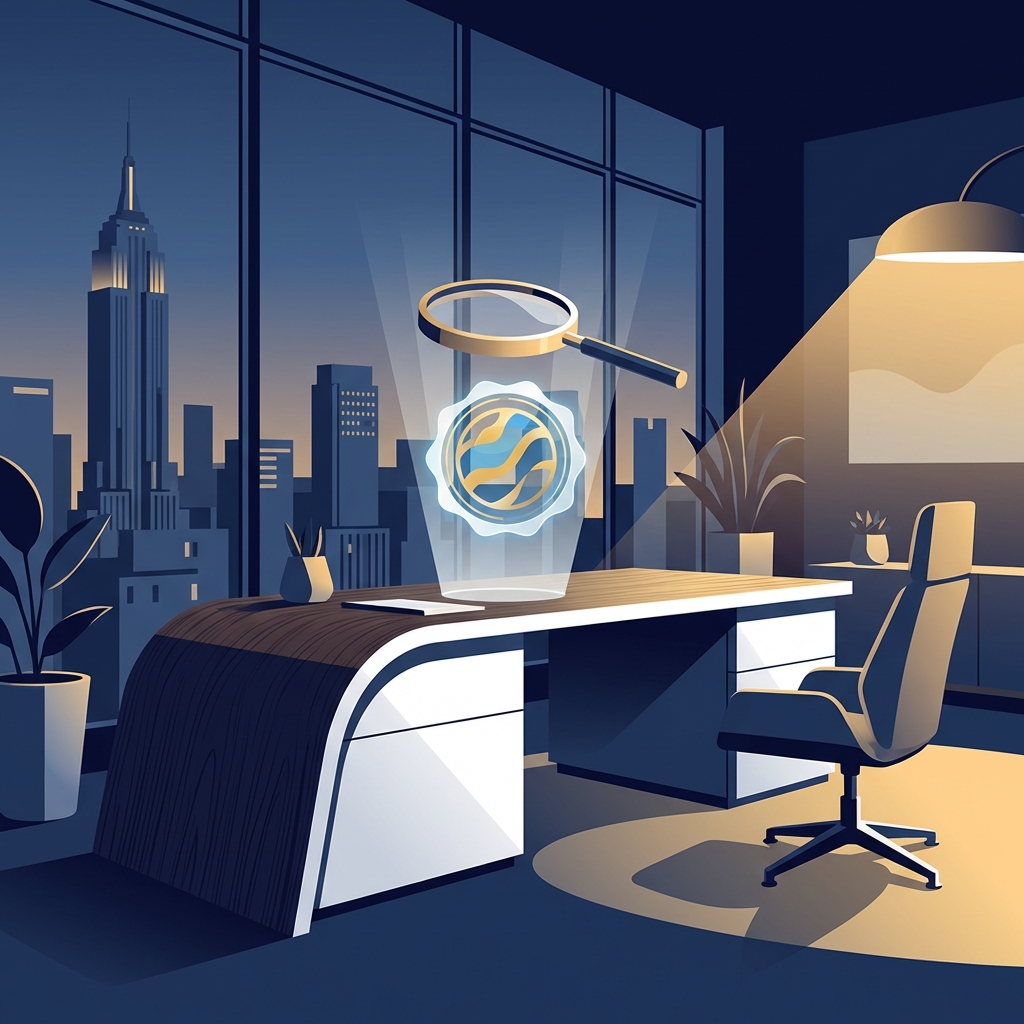 Stylized illustration of a medical certification seal under scrutiny, representing medical grade filler standards and verification