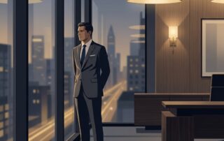 Confident professional man in tailored suit in modern office, representing male enhancement procedure discretion for executives.