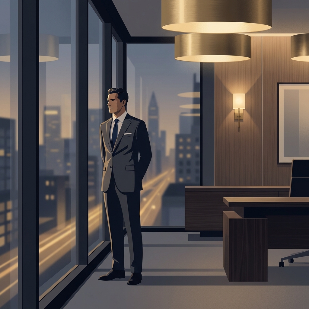 Confident professional man in tailored suit in modern office, representing male enhancement procedure discretion for executives.