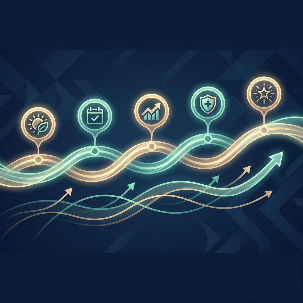 Stylized 5-year clinical roadmap timeline illustrating a penile girth enhancement maintenance schedule with milestone markers