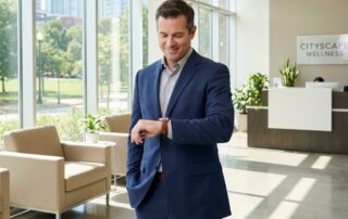 Confident man in modern medical office after outpatient penis enlargement procedure, relaxed and ready to continue his day.