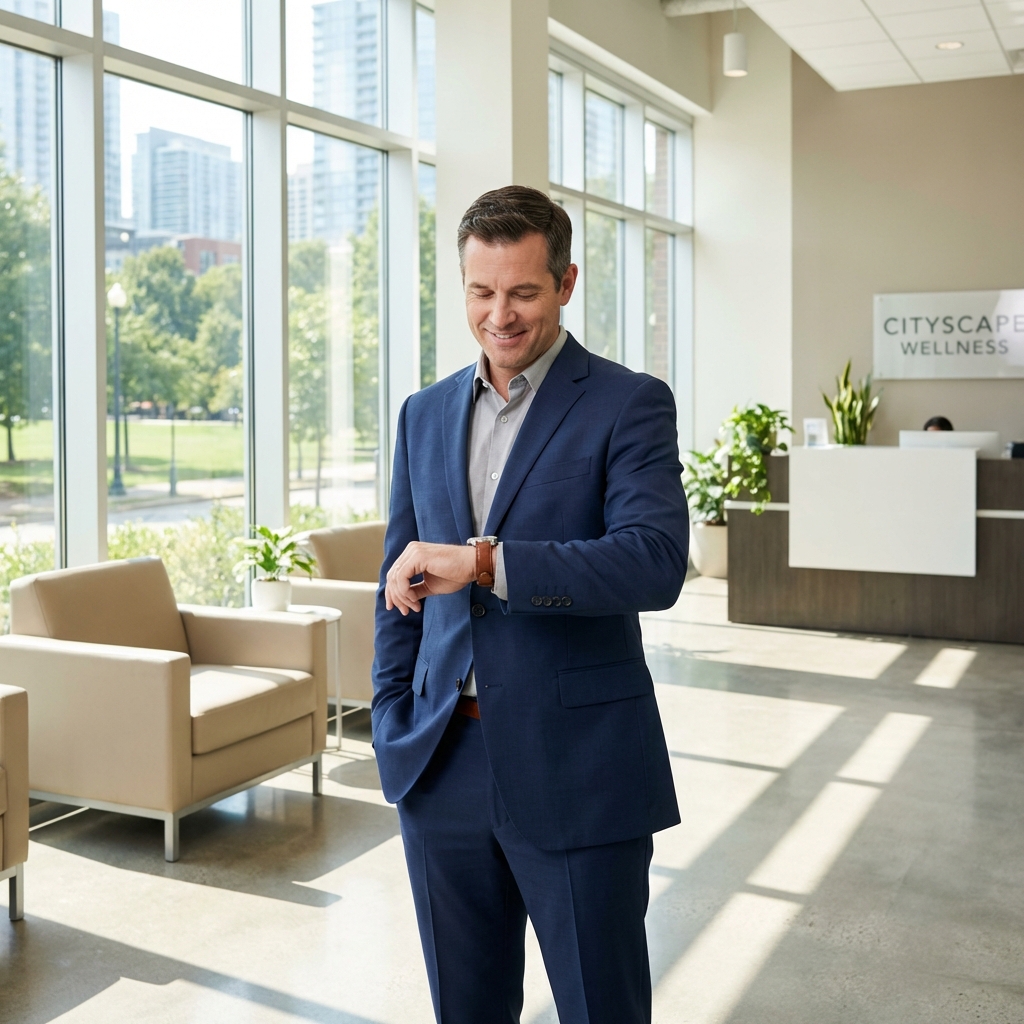 Confident man in modern medical office after outpatient penis enlargement procedure, relaxed and ready to continue his day.