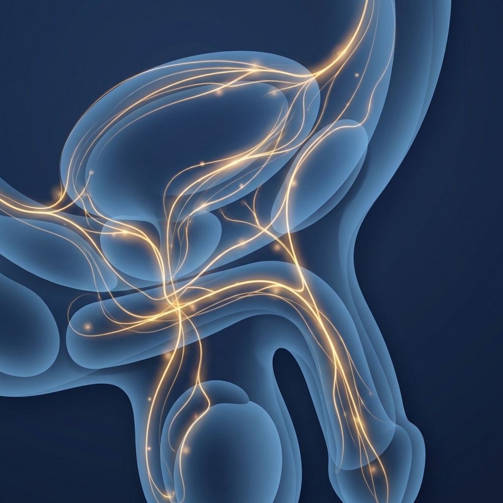 Glowing nerve pathway illustration representing penis enhancement sensation preservation through protective anatomy