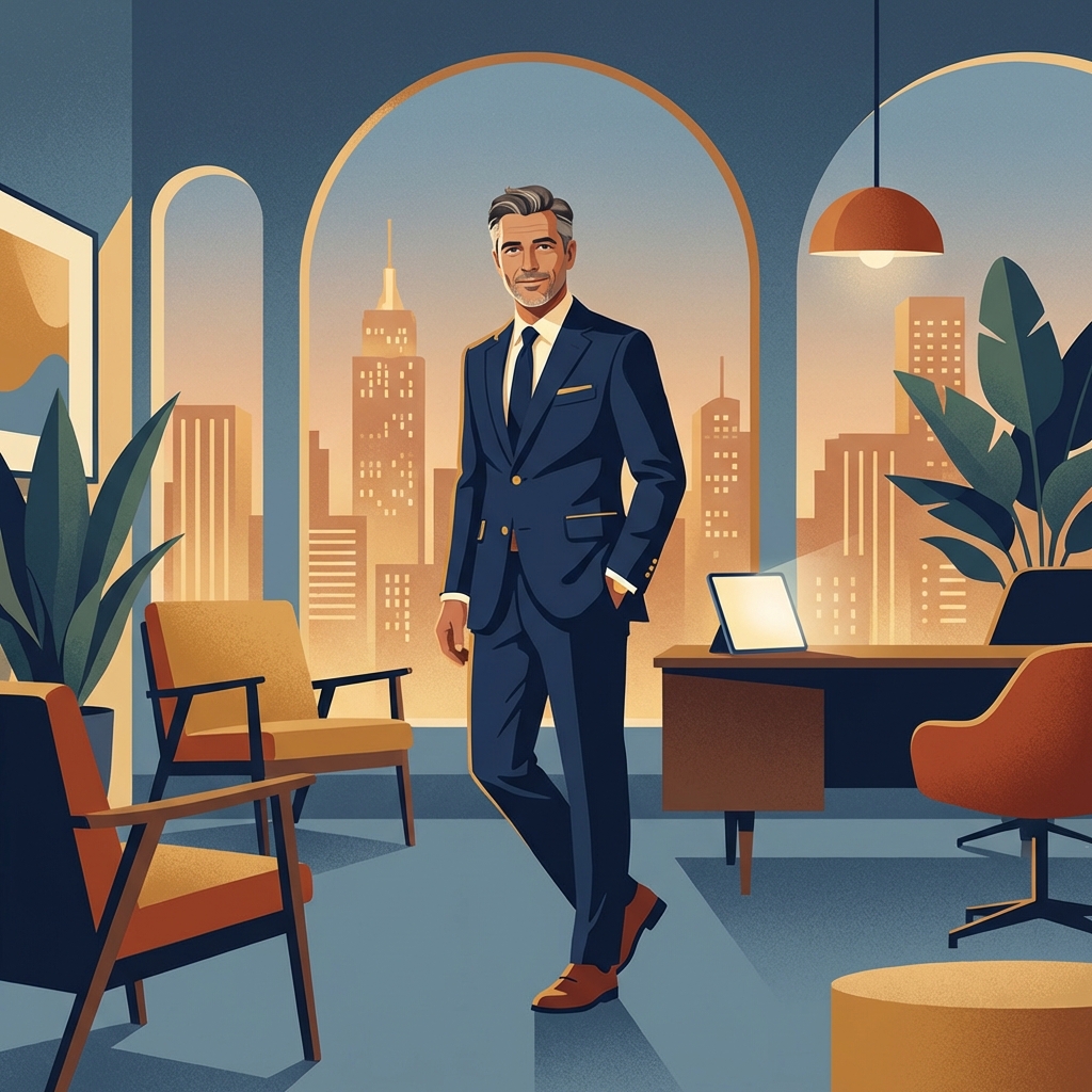 Confident professional man in a modern aesthetic medicine consultation office, representing informed male aesthetic medicine specialist choices.