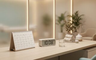 Modern medical clinic consultation desk with calendar representing penile filler procedure preparation timeline