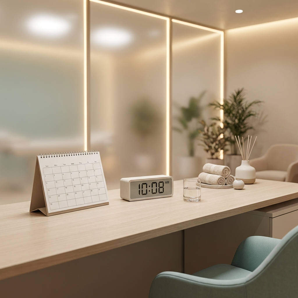 Modern medical clinic consultation desk with calendar representing penile filler procedure preparation timeline