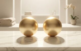 Symmetrical golden spheres in perfect balance representing penis girth enhancement symmetry and proportional results