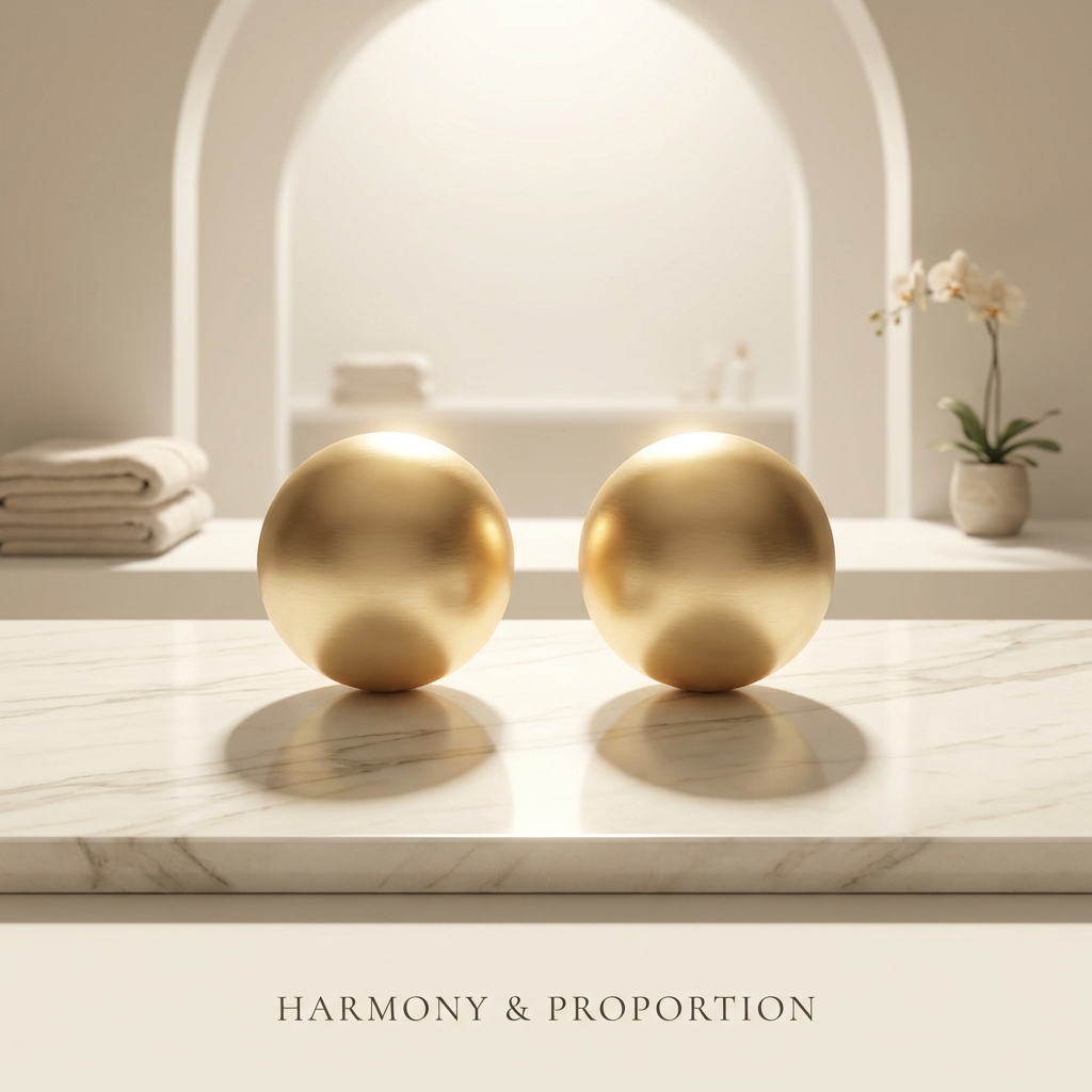 Symmetrical golden spheres in perfect balance representing penis girth enhancement symmetry and proportional results