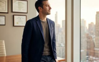 Confident man in modern NYC medical consultation office representing non surgical male genital enhancement decision-making
